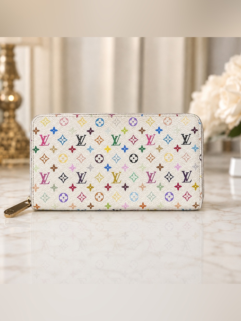Louis Vuitton x Takashi Murakami White Multicolore Zippy Wallet COA